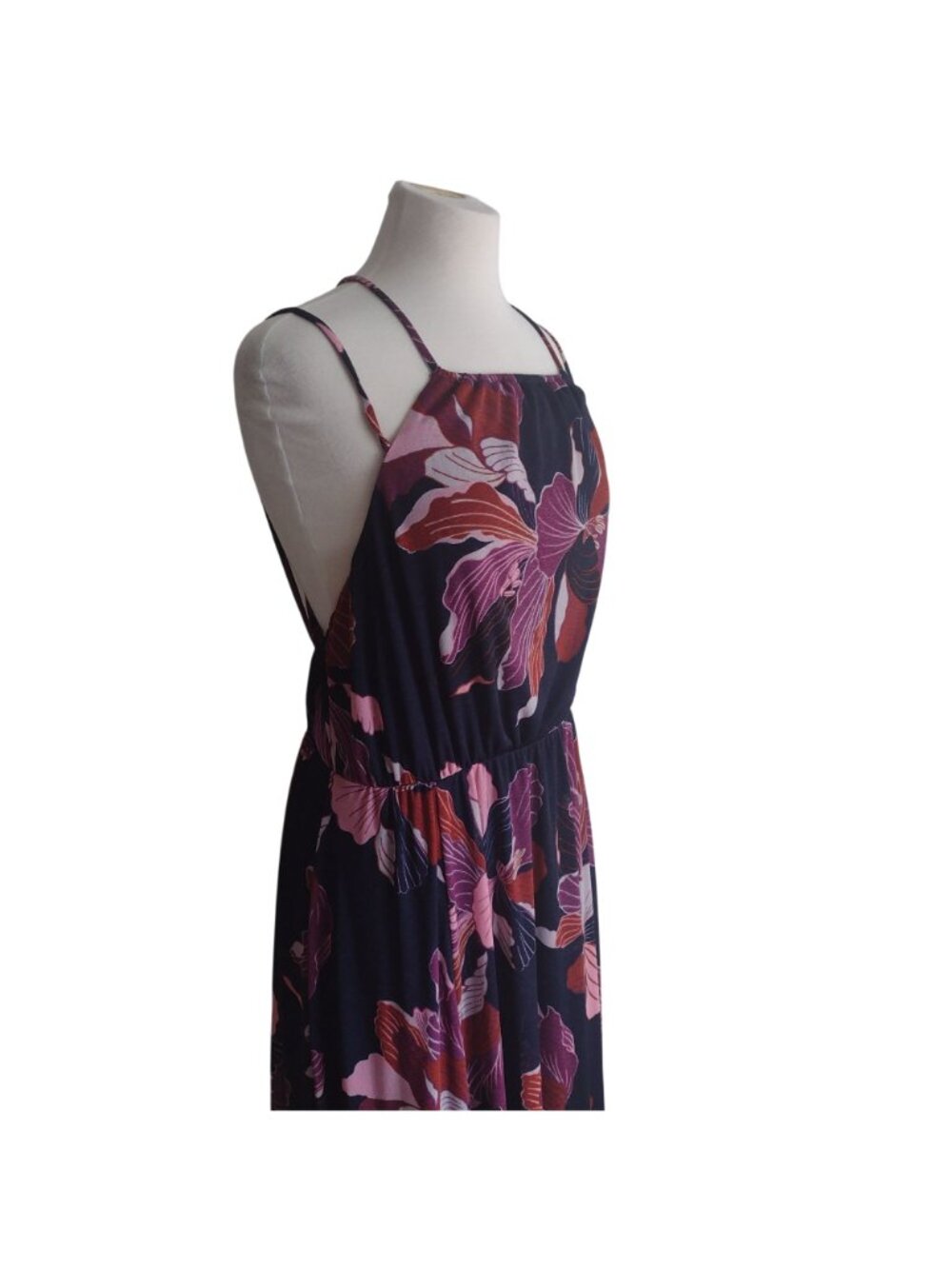 Anthropologie Floral Halter Dress L NEW Navy Purple Strappy Open Back Maxi - Picture 4 of 10
